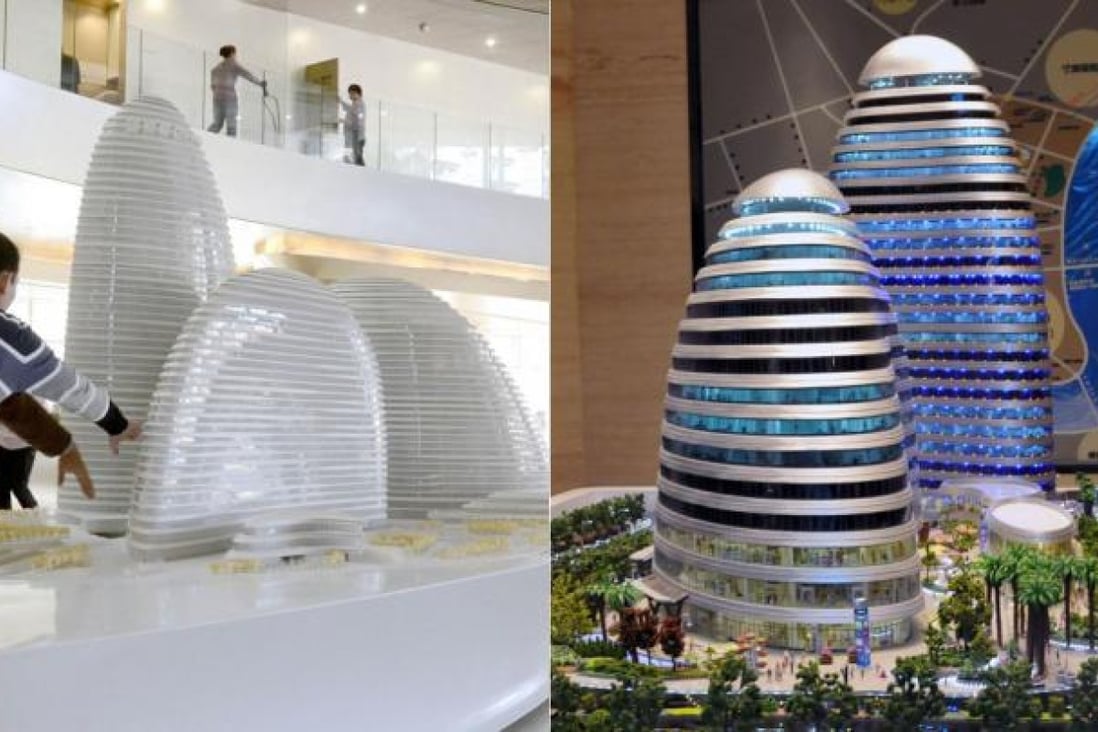 The Meiquan 22nd Century building planned for Chongqing (right), which shows strong resemblances to a model of Zaha Hadid's design for a shopping and office complex in Beijing (left). Photos: AFP