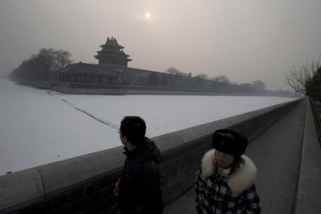 Smog encircles visitors outside the Forbidden City. Photo: AP