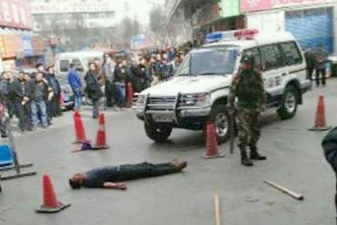 Unverified online pictures of the crime scene in Korla, Xinjiang.