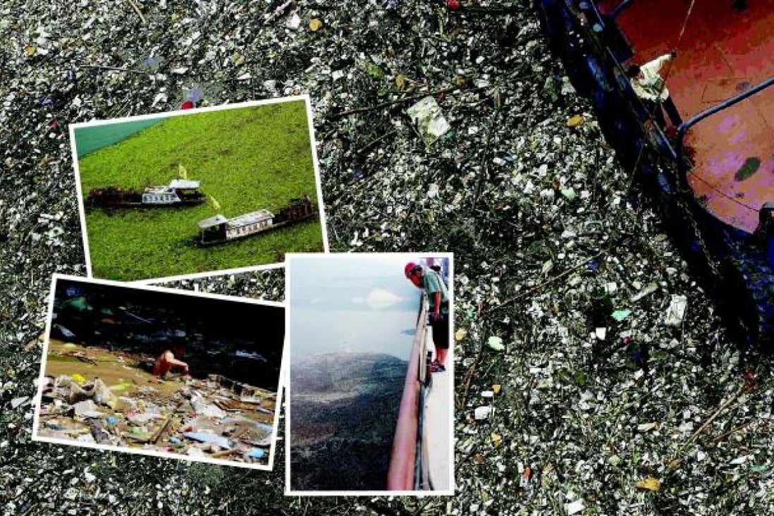A man navigates through a flooded street filled with garbage (inset, bottom left), part of the flotsam piling up in the Yangtze. Photos: Reuters