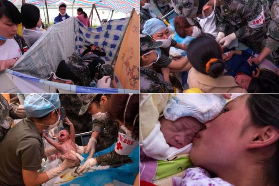 Medical workers take care of 20-year-old Yang Yan as she gives birth in a tent in Taiping township. Yang had a boy, and both mother and son were fine. Yang and her husband arrived early yesterday after a three-hour journey from their home in Xingmin village. Photos: Xinhua
