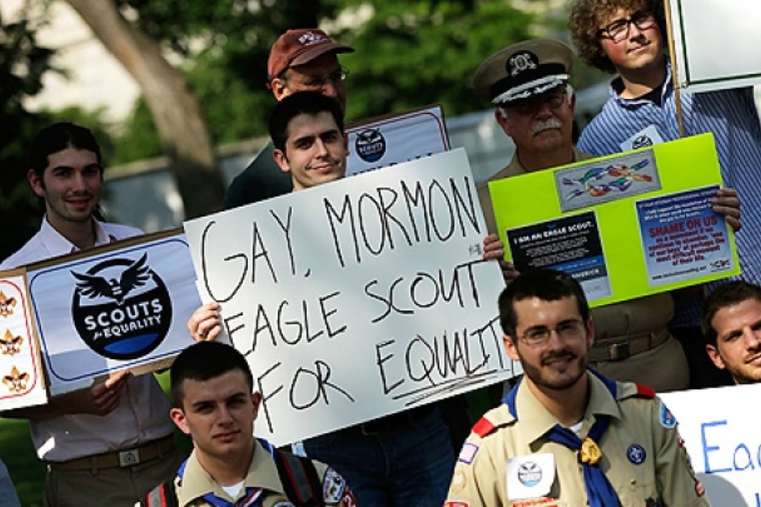 Members of Scouts for Equality hold a rally to call for equality and inclusion for gays in the Boy Scouts of America on Wednesday in Washington, DC. Photo: AFP