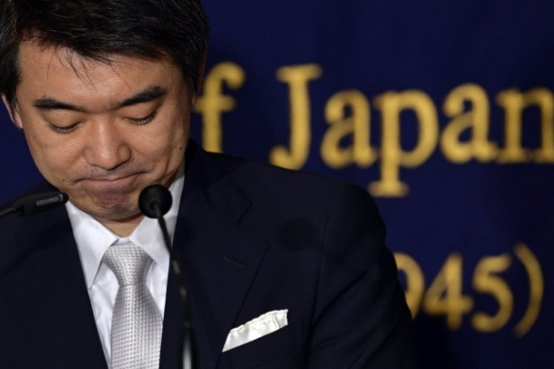 Toru Hashimoto speaks at the Foreign Correspondents' Club of Tokyo. Photo: EPA