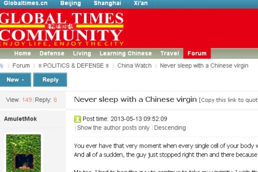 Global Times' recent story "Never sleep with a Chinese virgin." Photo: screenshot via  the Global Times 