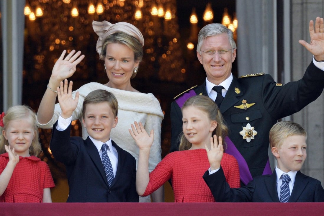 King Philippe, Queen Mathilde and (from left) Princess Eleonore, Prince Gabriel, Princess Elisabeth and Prince Emmanuel. Photo: AFP