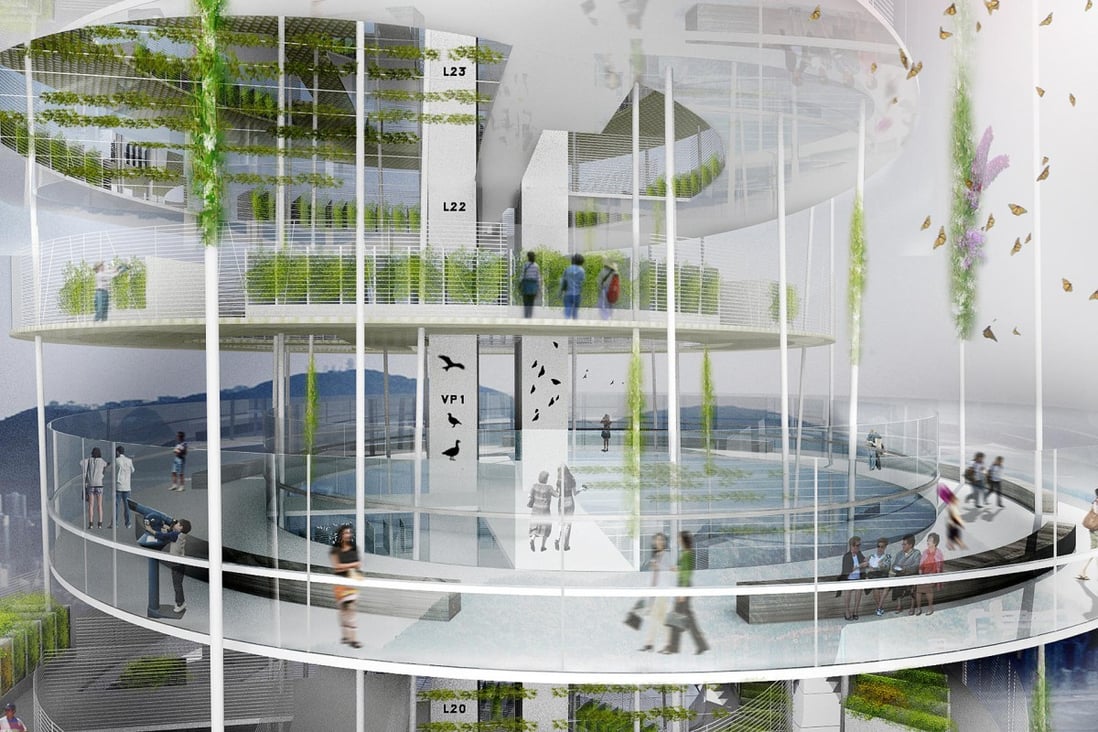 The vertical farms, with viewing platforms, as envisioned by Spanish architect Javier Ponce. He wants to see the towers erected in Tai Po. Photo: SCMP