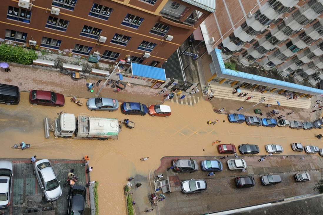 Shenzhen was hit by heavy rainfall on Friday morning, leaving two people dead. Photo: Xinhua