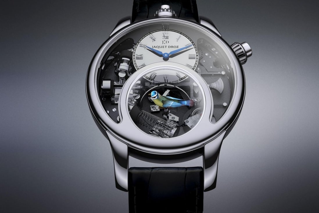 JAQUET DROZ The Charming Bird: In celebration of the brand's 275th anniversary and its prowess with automatons and miniatures, this patent-pending timepiece features an exact reproduction of a songbird that moves, flaps its wings and opens its beak to chirp, thanks