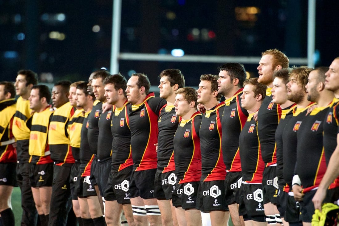 Belgium's players listen to their national anthem in the build-up to Tuesday’s test match against Hong Kong. Photo: HKRFU