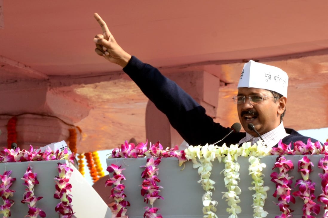 Arvind Kejriwal makes a speech after being sworn in as chief minister. Photo: Xinhua