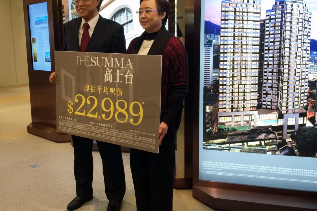 Kerry Properties' Chu Ip-pui (left) and Semy Ng yesterday announce prices for the first batch of 50 units at The Summa. Photo: Sandy Li