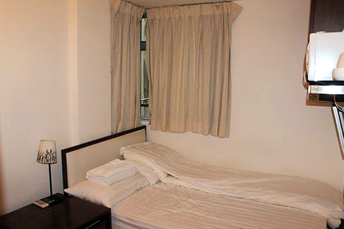 A picture provided by 9 Studios for a room for two available for online booking in Sharp Street East, Causeway Bay, near Times Square. According to the government online database, there is no licensed guest house on that street. Photo: SCMP 
