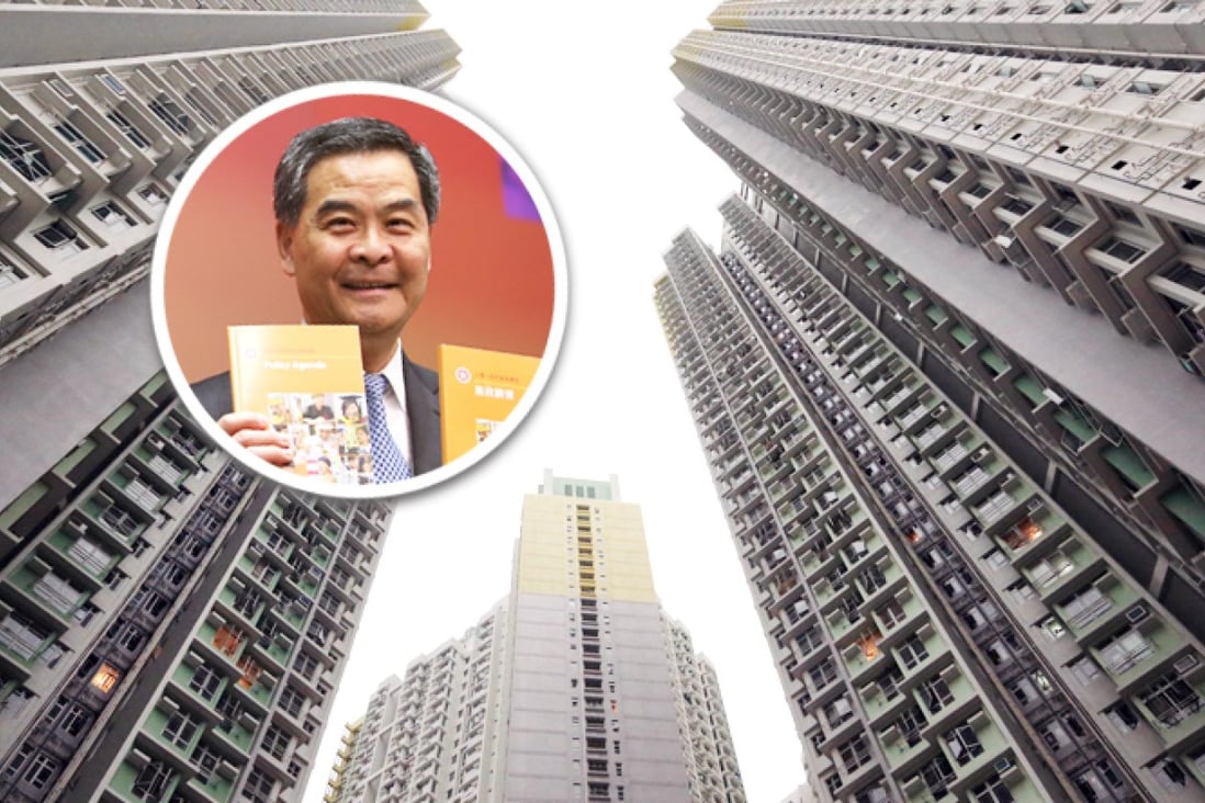 CY Leung (inset) over a view of the Kai Ching Estate in Kai Tak, where new rules will allow an extra 6,800 flats. Photos: K.Y. Cheng and Felix Wong