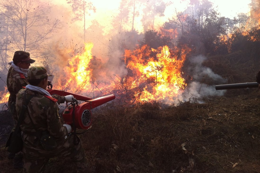 Rescuers put out a forest fire near a village in Fuquan City, southwest China's Guizhou Province. Photo: Xinhua