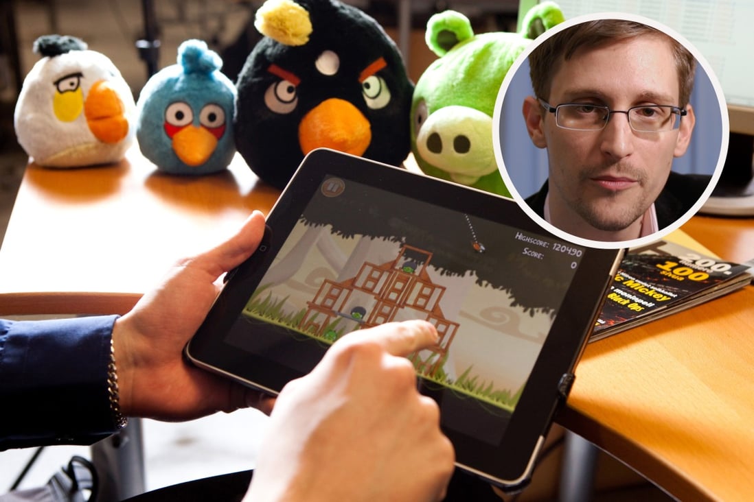 The Angry Birds game can be used to mine personal data from users, including sexual orientation, according to papers leaked by Edward Snowden (inset). Photos: Bloomberg, AFP
