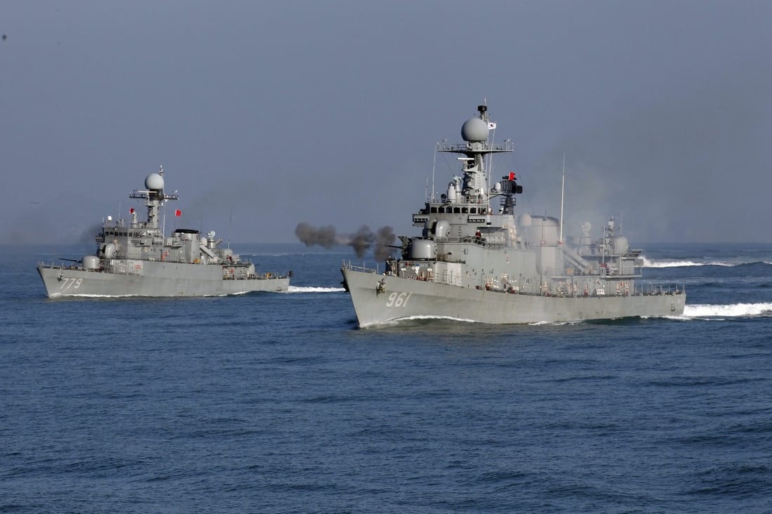 South Korea's naval ships in the Yellow Sea. South Korea said it would carry out a live fire exercise on Tuesday near the disputed sea border with North Korea. Photo: EPA