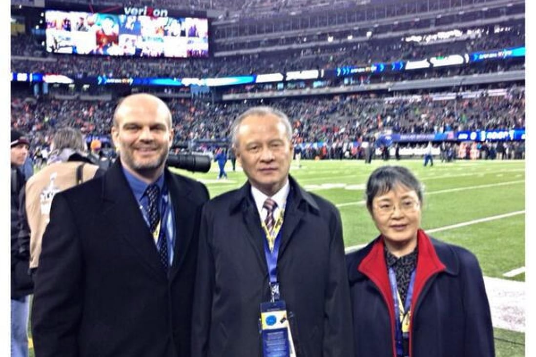 Managing director of NFL China Richard Young with ambassador to the US Cui Tiankai and his wife, Ni Peijun. Photo: SCMP