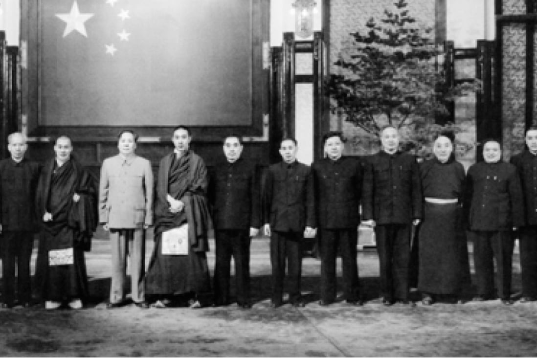 Phunwang seen with Mao Zedong and the young Dalai Lama in Beijing in 1955. Photo courtesy of Bao Pu