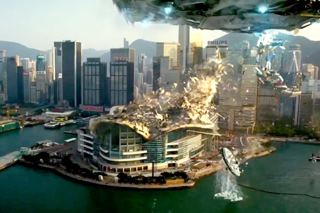 Wan Chai under siege in a scene from the the Transformers 4 trailer. Photo: SCMP Pictures