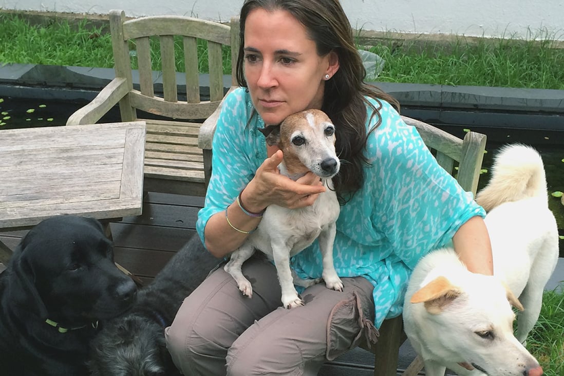 Katie Heyring with the four dogs which were with her when Charlie the dog was attacked and killed by a python in the Sai Kung countryside.
