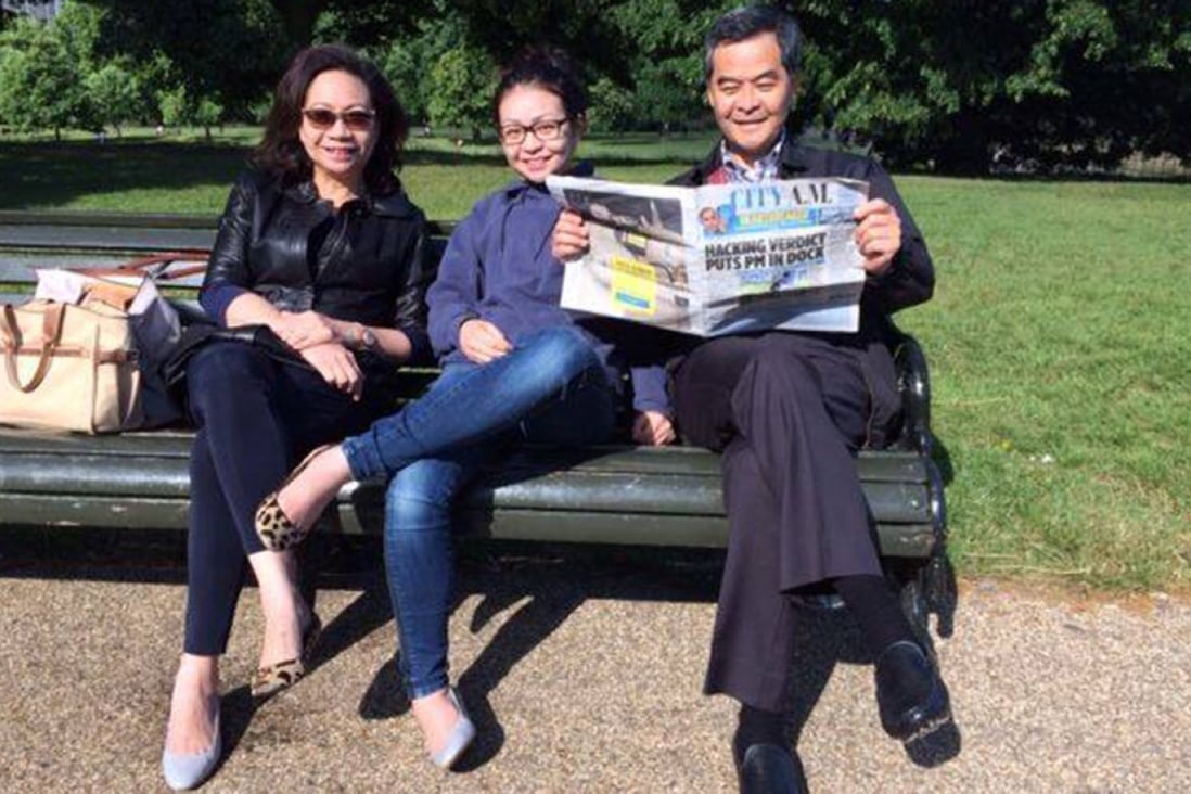 Chief Executive CY Leung (right) pictured with his daughter Leung Chai-yan (centre) and his wife Tong Ching-yee at London's Hyde Park on June 25, 2014. Photo: SCMP Pictures