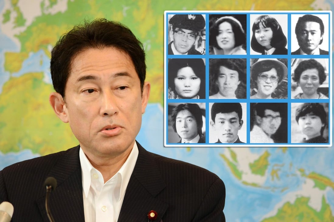 Japan's Foreign Minister Fumio Kishida and Japanese abduction victims. Photos: AFP