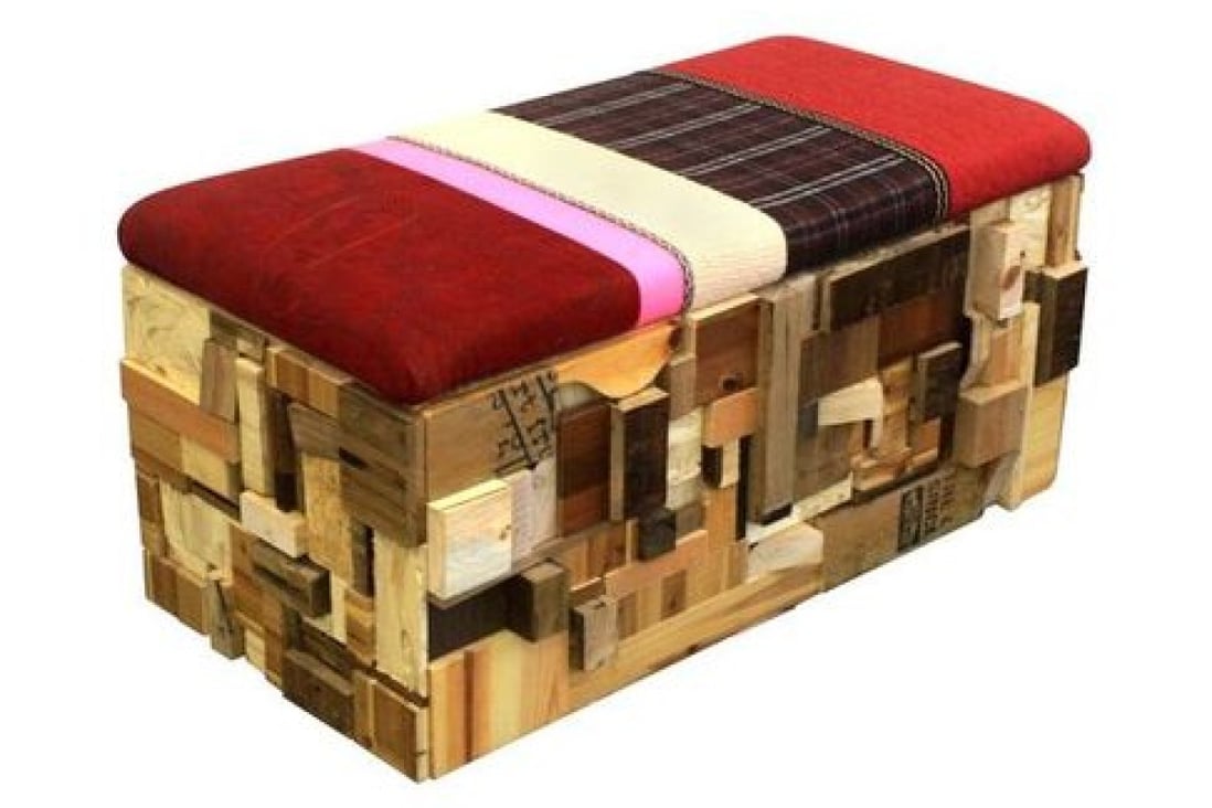 Bench with storage box on wheels made of reclaimed fabric and wood