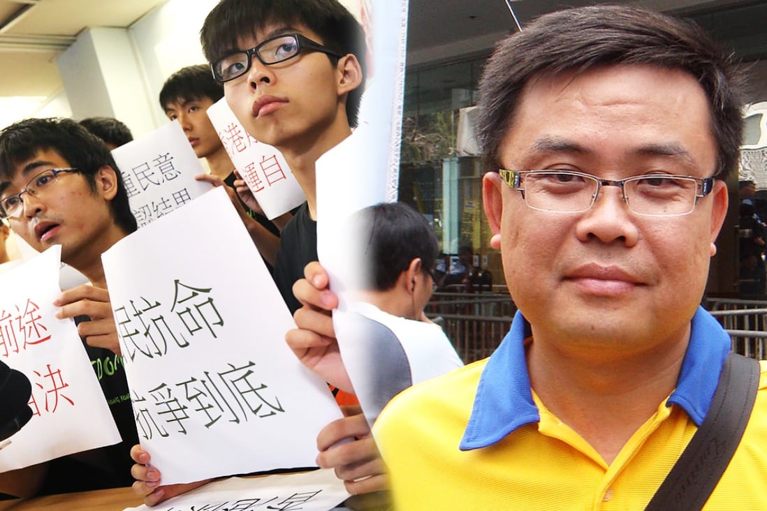 Union of Hongkong Post Office Employees chairman Ip Kam-fu (right) accused Hongkong Post of playing politics by refusing to deliver the fliers from the student-led pro-democracy group Scholarism (left). Photos: SCMP