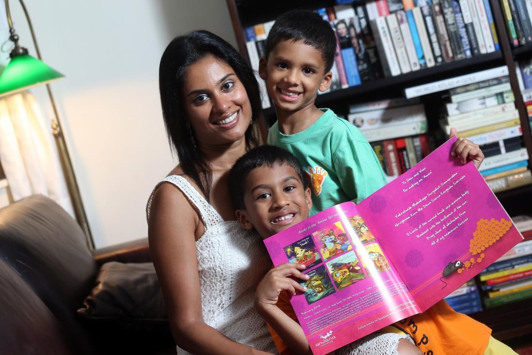 First-time author Bhakti Mathur and her sons Shiv and Veer (right) at home on The Peak. Photo: K.Y. Cheng