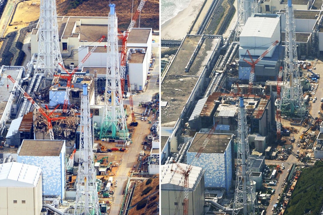 Fukushima nuclear plant's Nos. 1 to 4 reactor buildings on March 3, 2013 (left) and September 5, 2014 (right) respectively, showing work is under way to build underground ice walls around the basements of the buildings. Photo: Kyodo