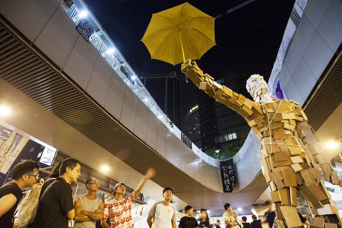 Hong Kong's latest addition to the pro-democracy counter culture outside the Hong Kong Chief Executive's office on Sunday night. Photo: EPA
