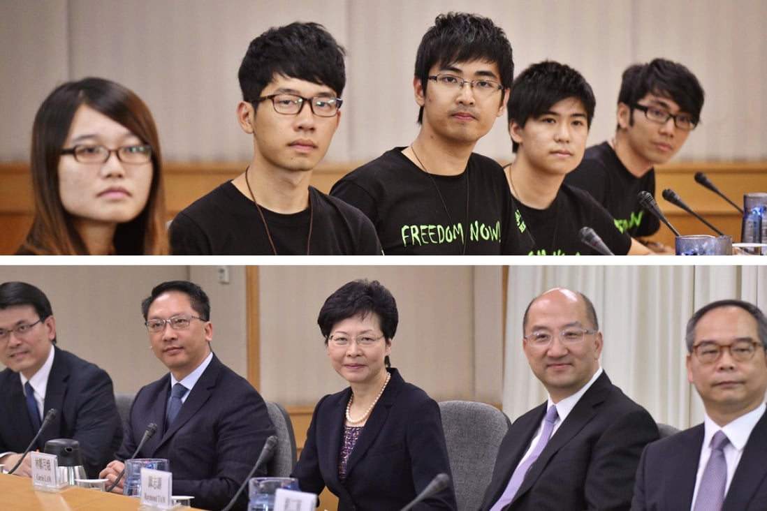 (From top left) Leaders of the Hong Kong Federation of Students Yvonne Leung, Eason Chung, Alex Chow, Lester Shum and Nathan Law. (From bottom left) Hong Kong government representatives Edward Yau, Rimsky Yuen, Carrie Lam, Raymond Tam and Lau Kong-wah. Photos: AFP