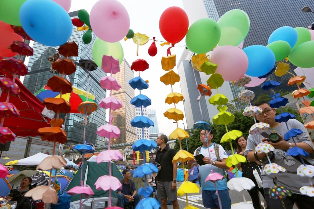 Paper umbrellas hang at the Admiralty protest site. Photo: Sam Tsang