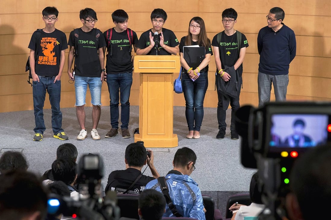 Members of the Federation of Students and Scholarism address the media after talks with the government last month. Photo: Reuters
