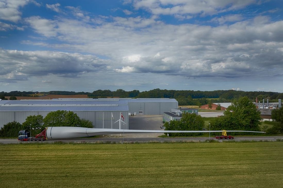 The world's longest wind turbine blade - 83.5 metres for 7mW - in front of SSP Technology's main production facility in Denmark