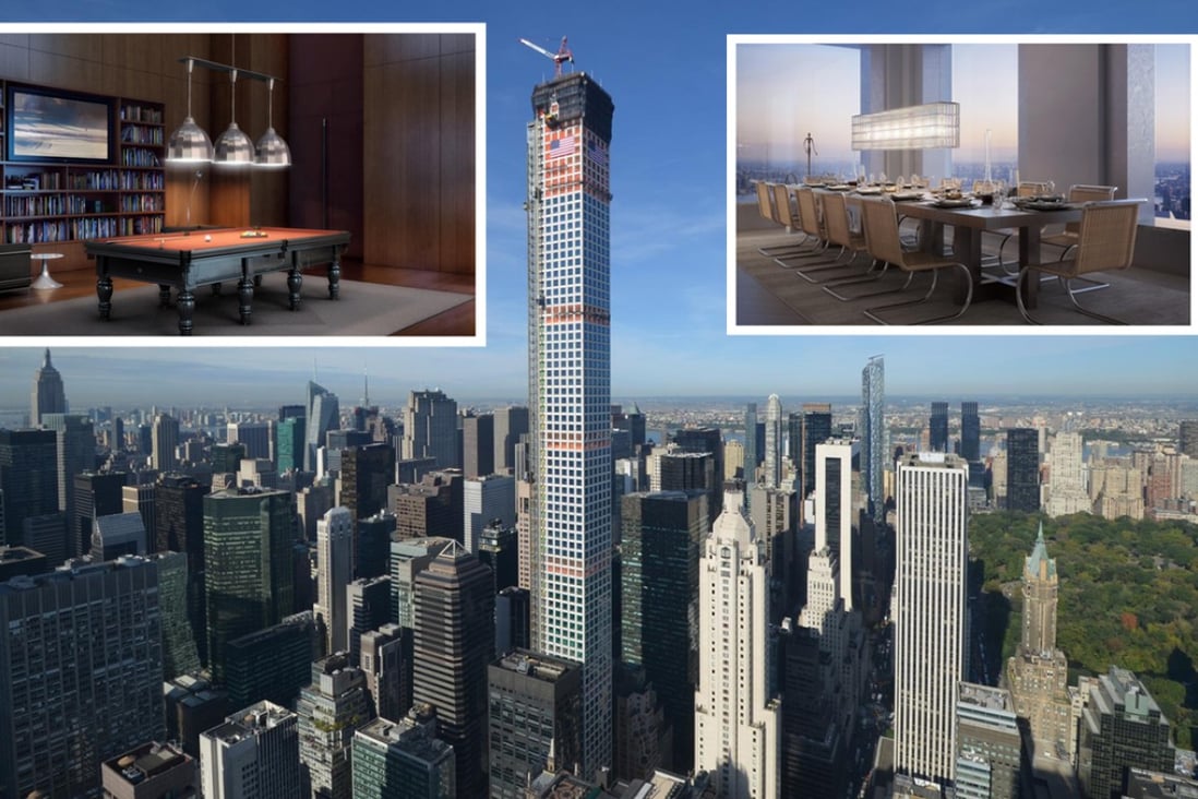 Construction is topped out at 432 Park Avenue, which has a spacious billiards room (inset left) and a dining room (inset right) with panoramic views of New York City.
