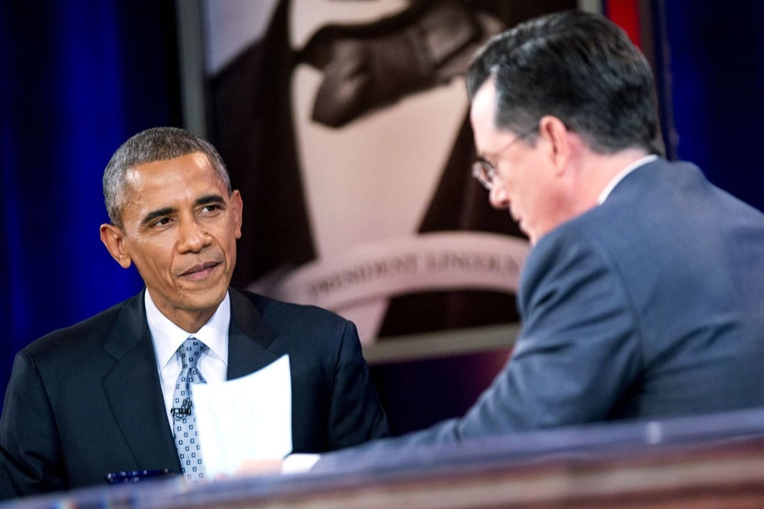 US President Barack Obama (left) talks to television personality Stephen Colbert. Photo: EPA