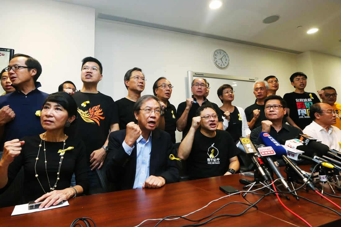 Members of Occupy Central and pan-democrats meet the media at Legco Building after The National People's Congress Standing Committee has officially laid out an extremely conservative framework for Hong Kong's political reform on August 31, 2014. Photo: David Wong