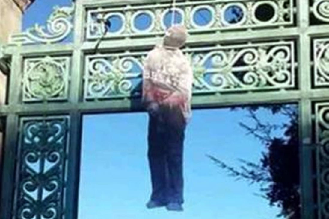 Body-sized cardboard effigies of lynching victims were seen hanging by nooses at the University of California, Berkeley.