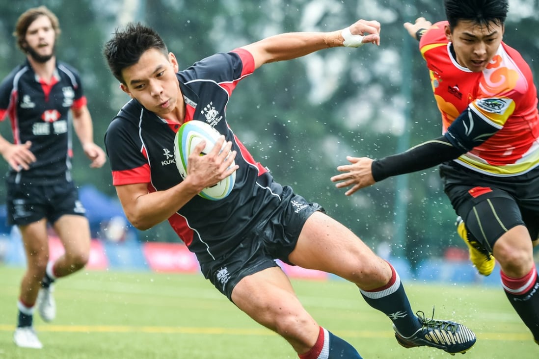 Hong Kong’s Hugo Chui Ho-ching scores a try during the hosts’ 34-0 victory over China early on the first day of Asia’s U20 Sevens Series finale in Hong Kong. Photos: Asian Rugby Football Union