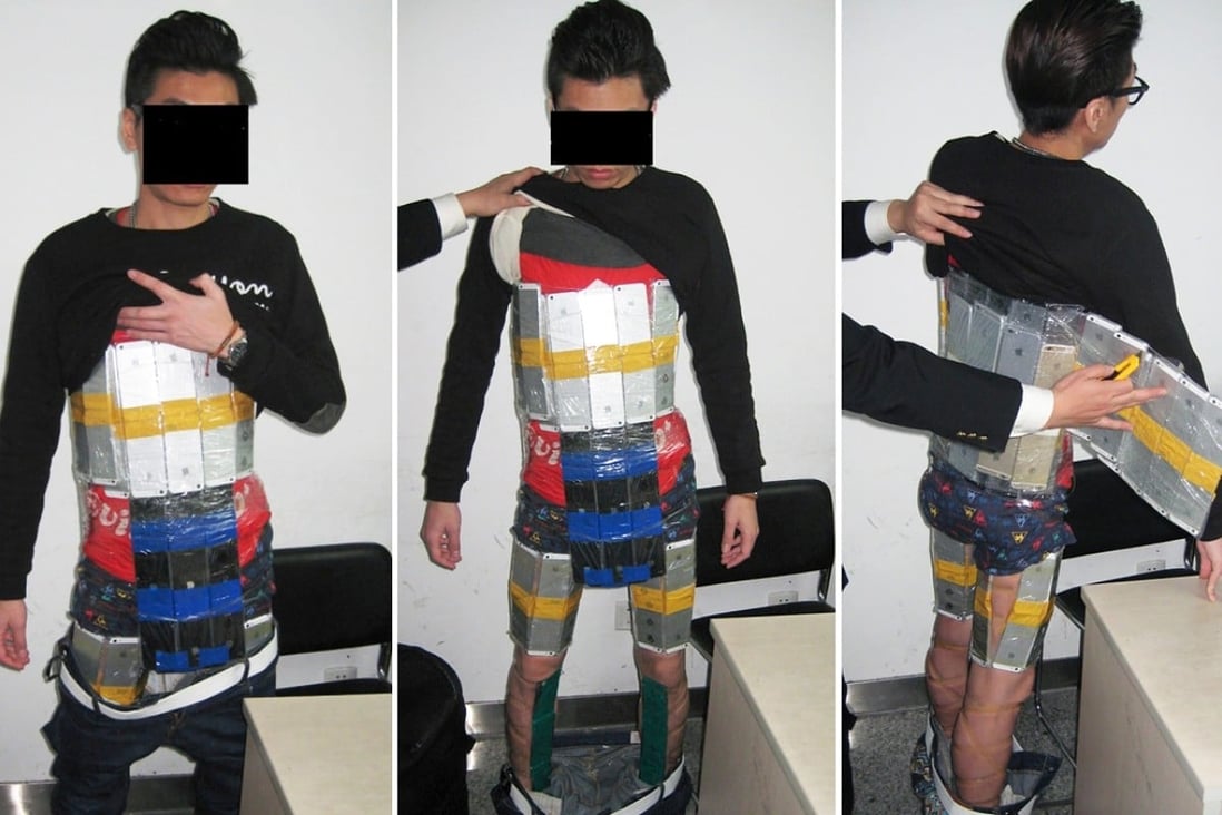 The alleged Hong Kong smuggler was found with the 94 iPhone 6 and iPhone 5s models strapped to his thighs, chest and stomach. Photo: Shenzhen Customs