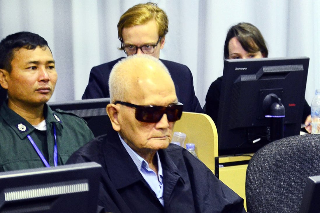 Former Khmer Rouge leader 'Brother Number Two' Nuon Chea sits in the courtroom during his hearing in Phnom Penh on Wednesday. Photo: AFP