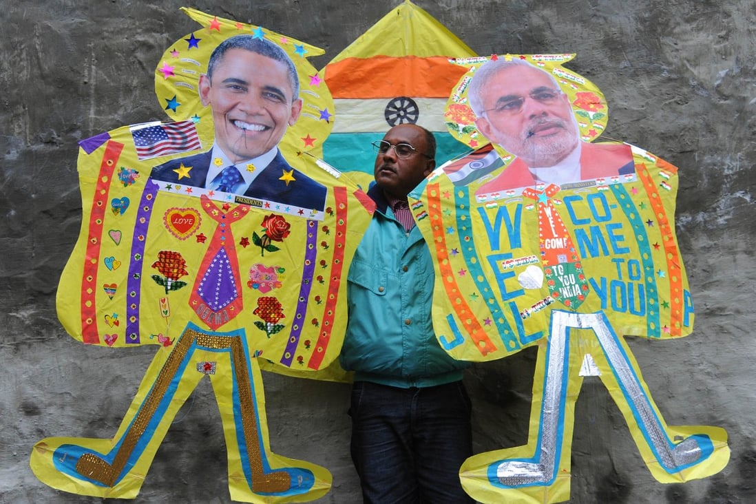 Kites adorned with images of Obama and Modi. Photo: AFP