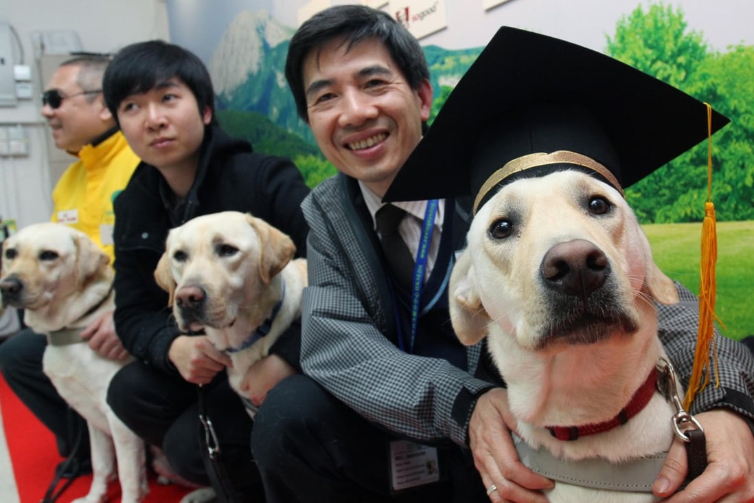 Guide dog users with their dogs - (from left) Google, Range and Walker - yesterday as they 'graduate' from the new centre. Photo: May Tse