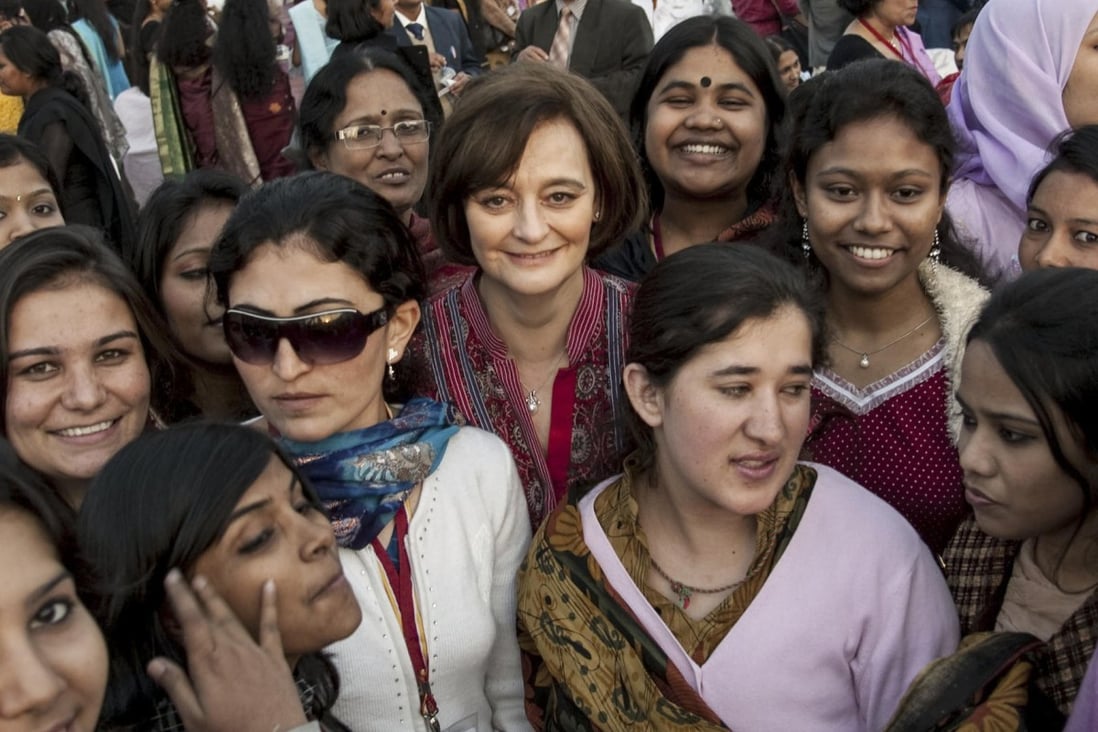 Cherie Blair (centre), chancellor of the Asian University for Women, with students at the university's premises in Bangladesh.
