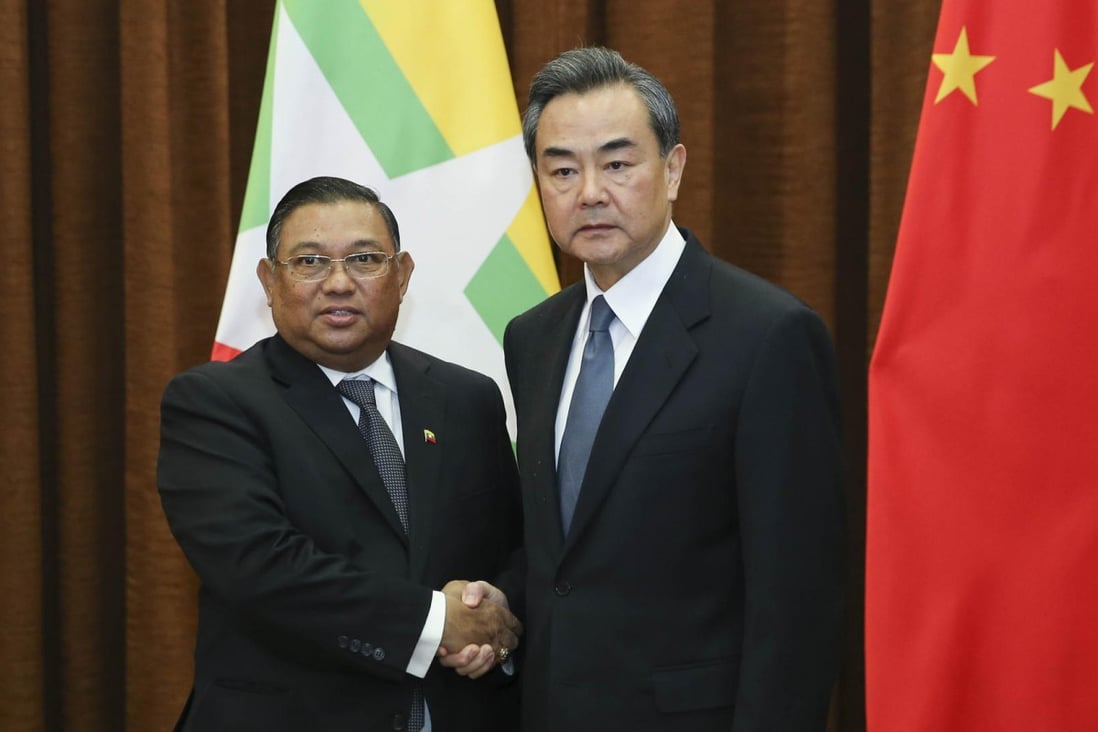 Foreign Minister Wang Yi (right) meets his Myanmar counterpart Wunna Maung Lwin in Beijing yesterday. Photo: Xinhua