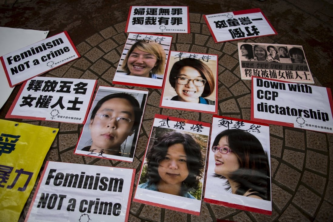 Clockwise: Li Tingting, Wei Tingting, Zheng Churan, Wu Rongrong and Wang Man are seen in portraits used during a protest calling for their release in Hong Kong on Saturday. The legal fate of Li and Wu is not yet known. Photo: Reuters