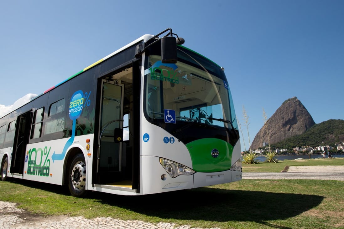 A BYD electric bus in Brazil. The company has complained about the difficulty of selling overseas. Photo: Xinhua.
