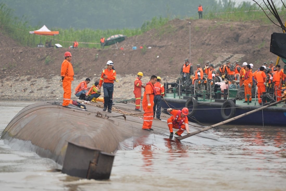 Rescuers are seen on the cruise ship Eastern Star that capsized late on Monday in the Jianli section of the Yangtze River in central China's Hubei Province. Photo: Xinhua