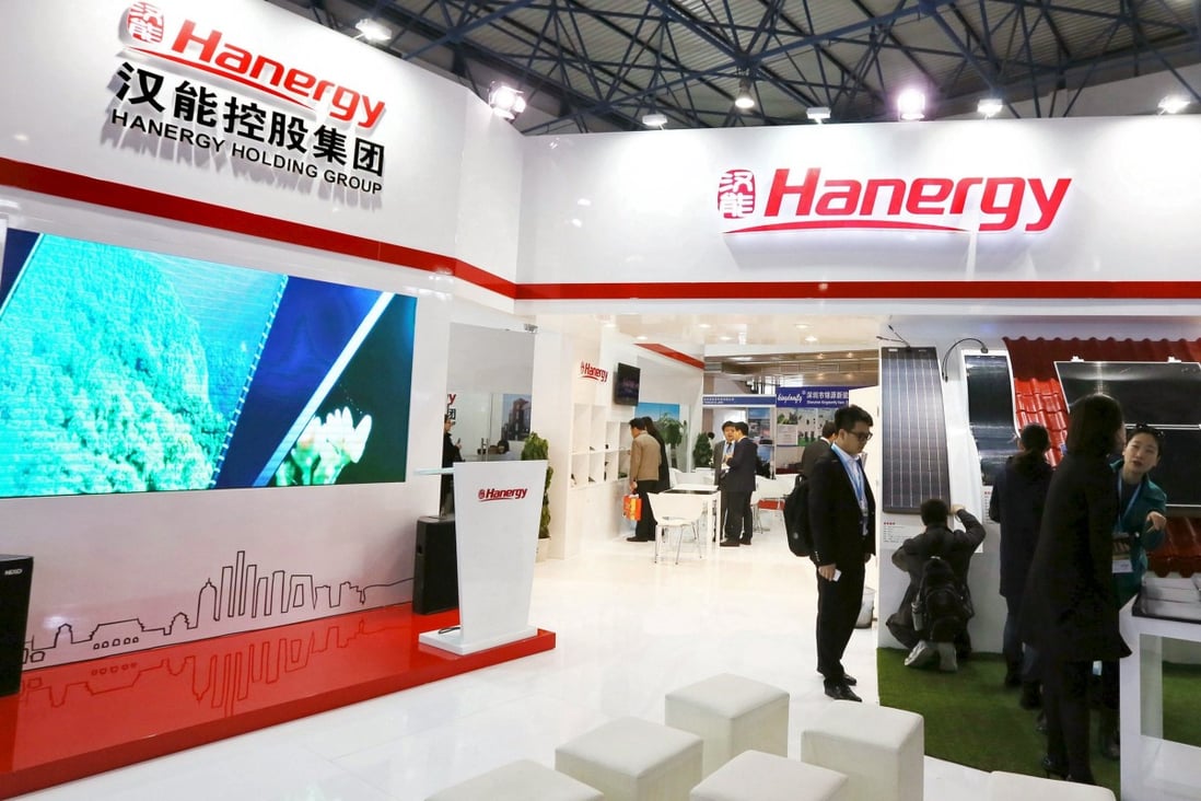 A Hanergy booth at an exhibition in China. Hanergy Thin Film Power said on Monday it has called off an US$585 million sales of equipment to parent firm Hanergy Holding. Photo: Reuters